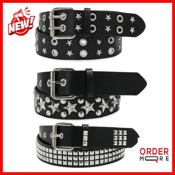 Accessories - Studded Belt Set 3 Pcs Faux Leather Punk Gothic Star Design Unisex